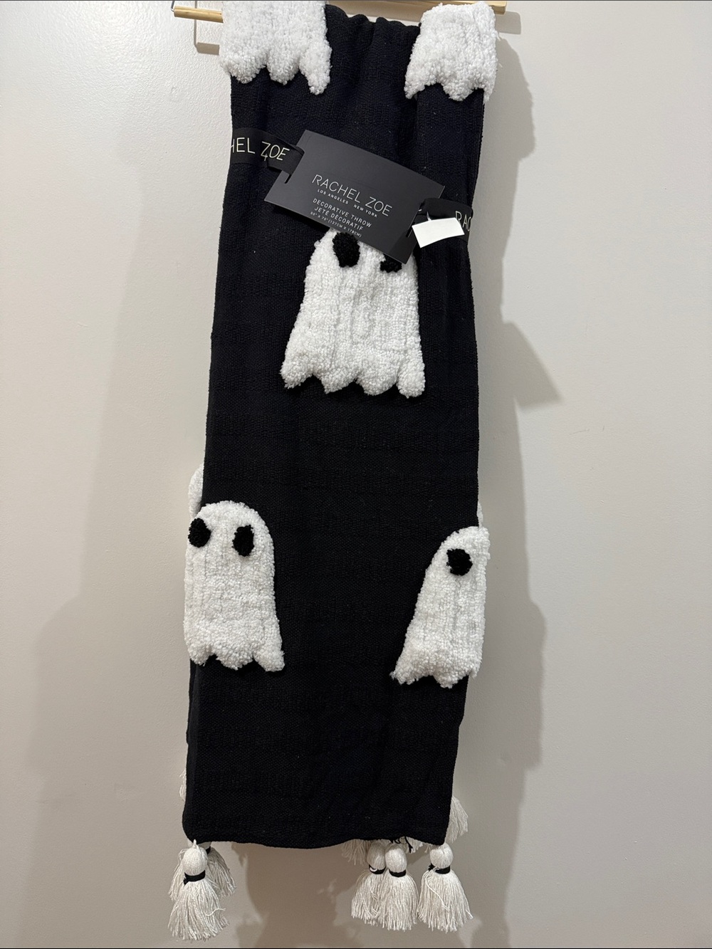 Rachel Zoe Halloween Throw – Black Knit with Ghosts & Tassels 🎃👻